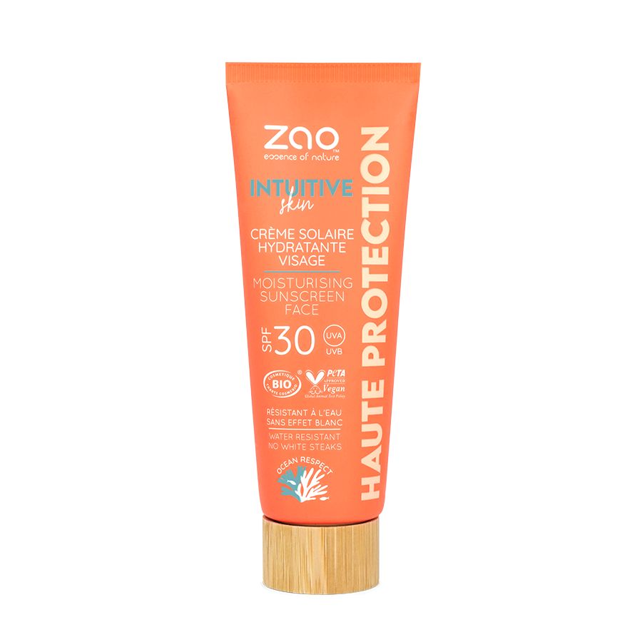 Orange Tube mit Aufschrift. Enthält Sonnencreme für das Gesicht mit SPF 30. Marke ZAO. Bio-Zertifizierung.