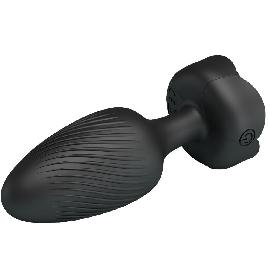 Schwarzer Analplug mit gerillter Oberfläche. Blütenförmiger Sockel mit Ein/Aus-Taste. Konische Form.