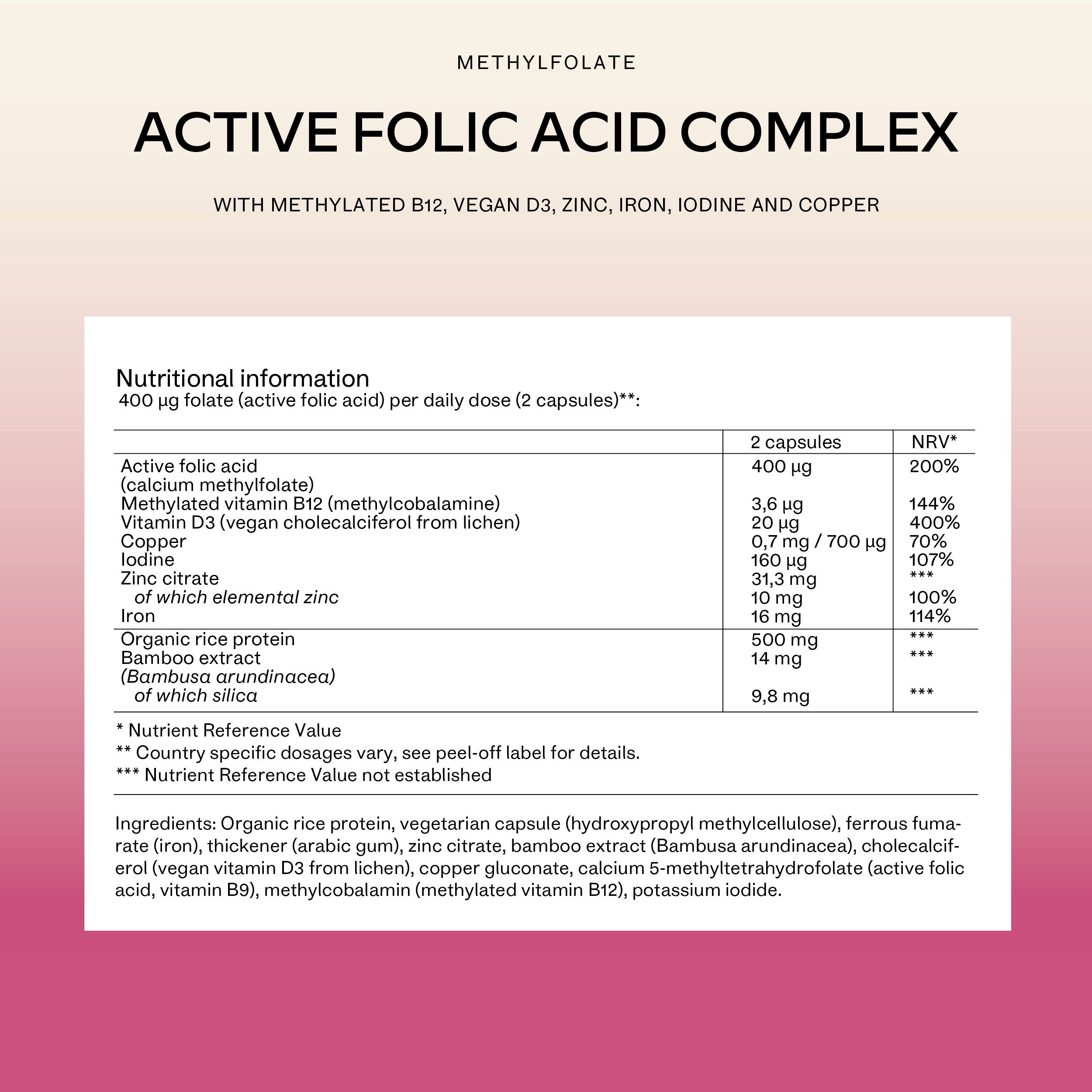 Nährwertangaben auf rosa Hintergrund. Enthält 400 μg Folsäure, Vitamin B12, Zink, Eisen, Jod. Text: Active Folic Acid Complex.
