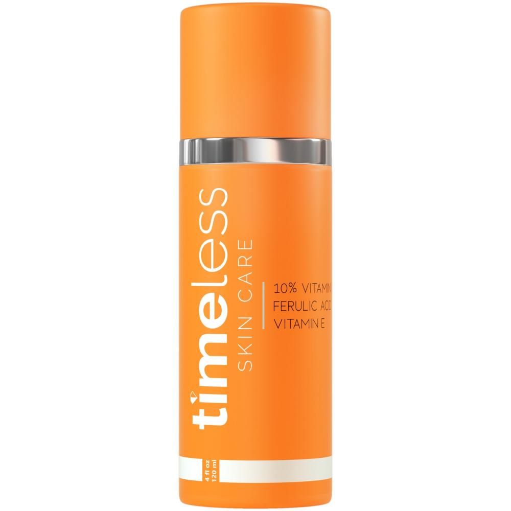 Orangefarbene Flasche mit silbernem Ring. Aufschrift: Timeless Skin Care, 10% Vitamin C, Ferulasäure, Vitamin E.