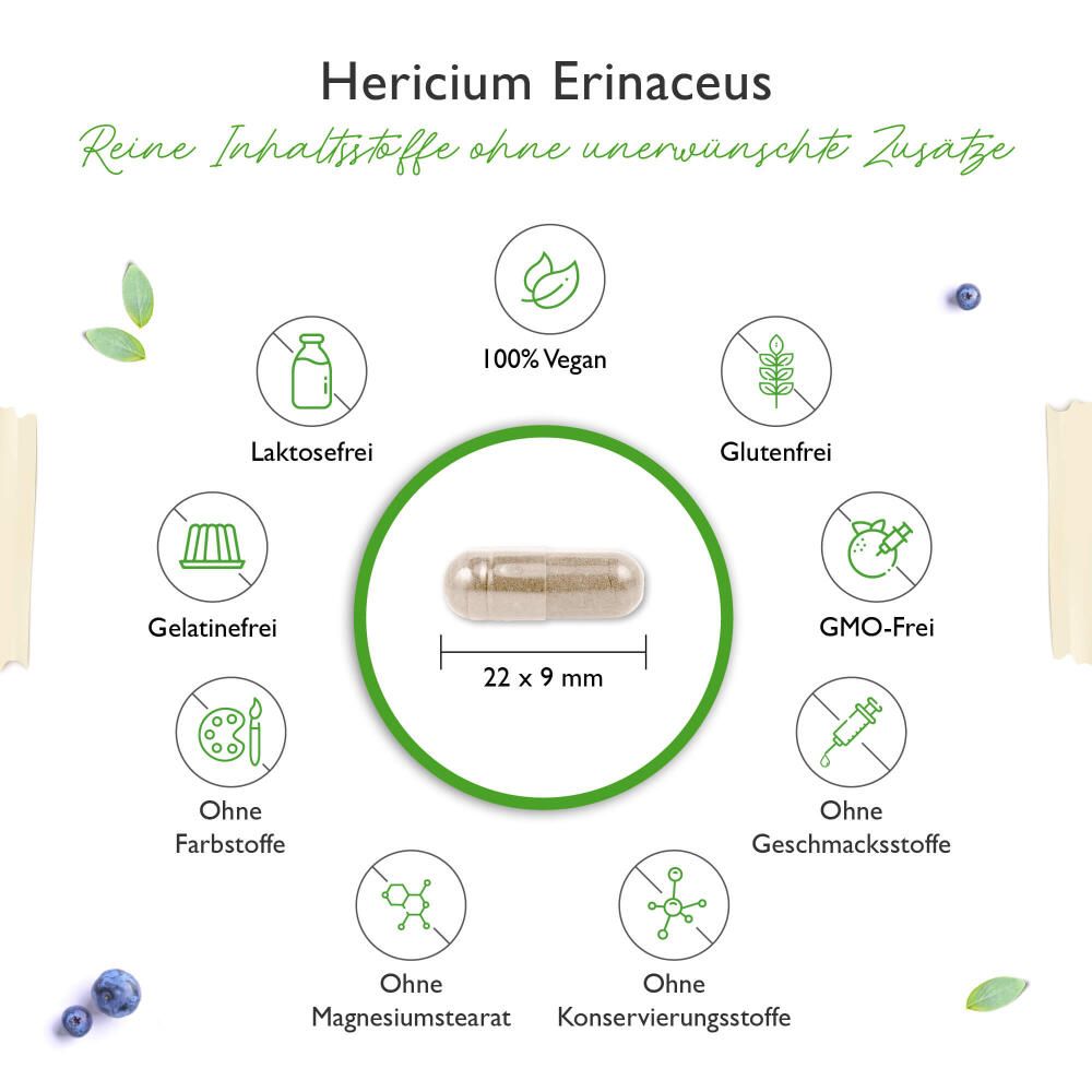 Kapsel mit Maßen 22 x 9 mm, umgeben von Symbolen für vegan, glutenfrei, ohne Zusätze.