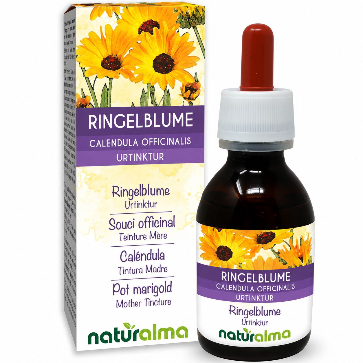 Ringelblume Tinktur Flasche und Schachtel mit Blütenabbildung.