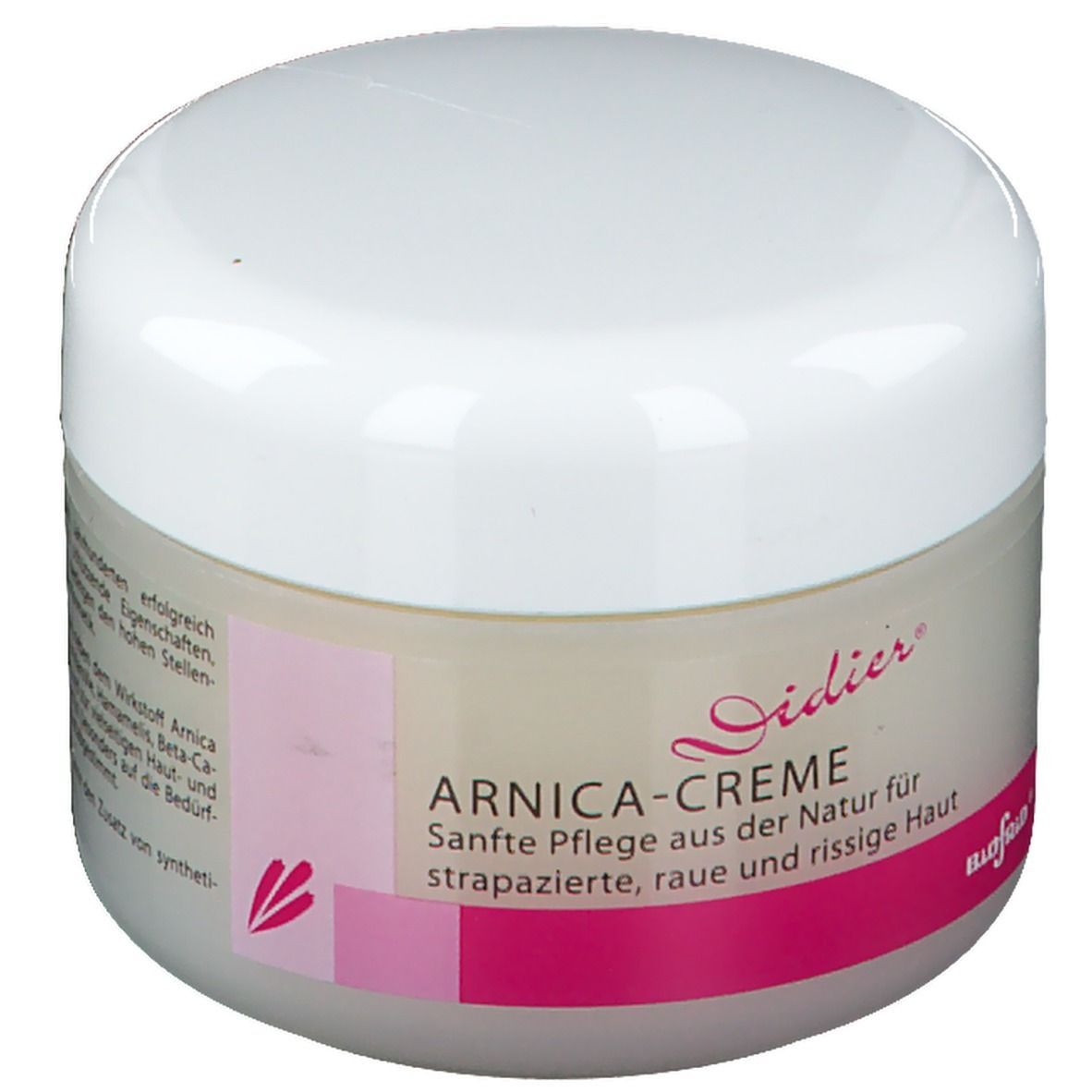 Creme-Tiegel mit weißem Deckel und rosa Etikett. Aufschrift "ARNICA-CREME" und "Didier".