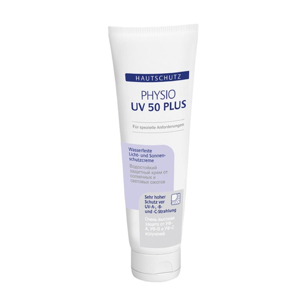 Weiße Tube mit blauer Schrift. PHYSIO UV 50 PLUS. Hautschutz. Wasserfeste Licht- und Sonnencreme. Sehr hoher Schutz vor UV-A, B und C Strahlung.