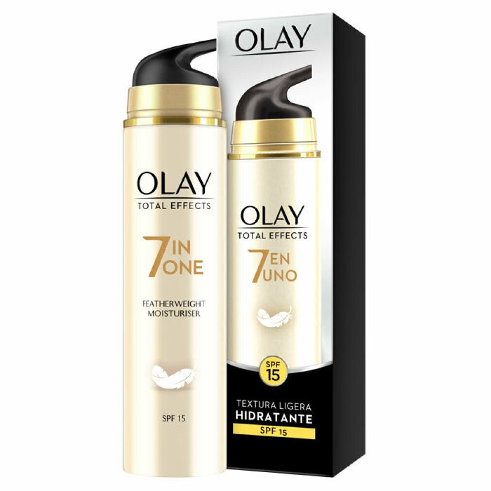 Olay Total Effects 7 In One Featherweight Moisturiser Spf15. Creme-Spender und Verpackung. Text: SPF 15, 7 in One, Featherweight Moisturiser.