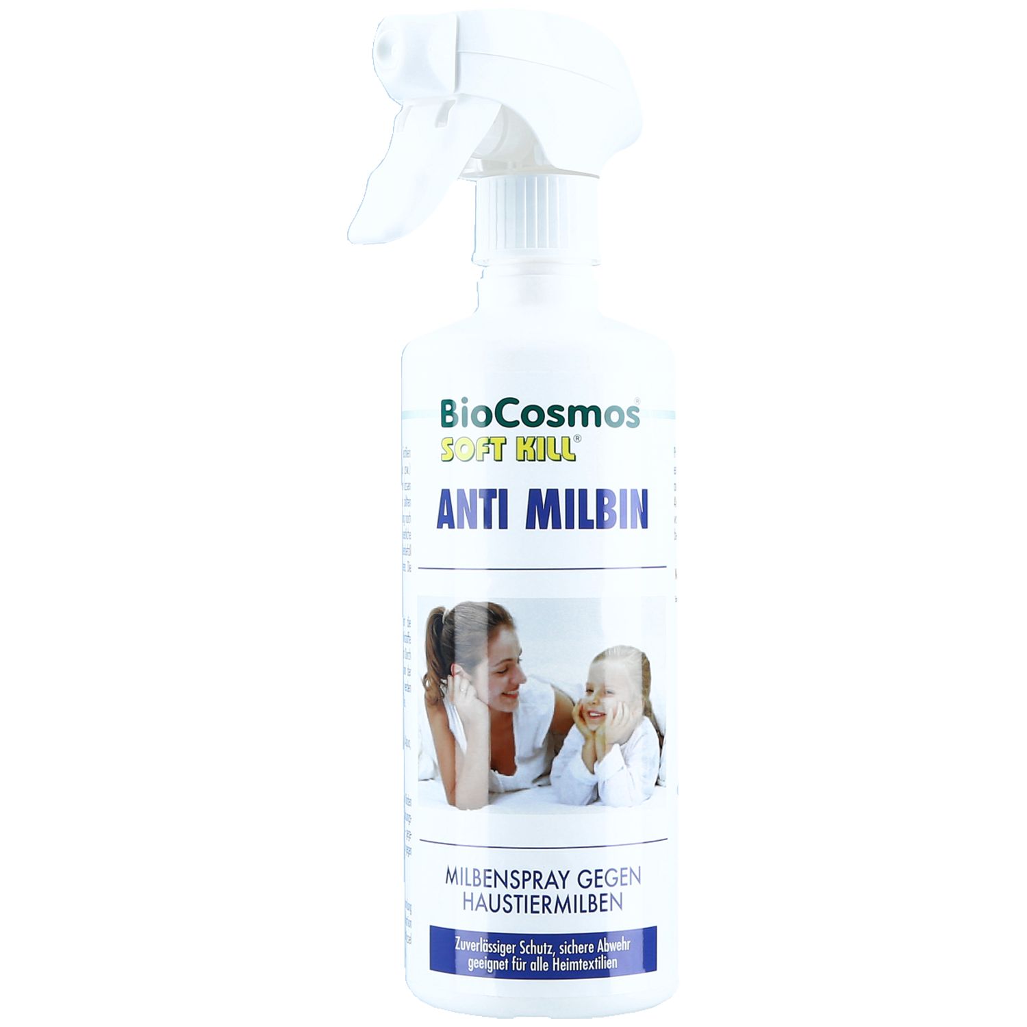 BioCosmos Anti Milbin Sprayflasche mit Sprühkopf. Enthält Milbenspray gegen Haustiermilben.
