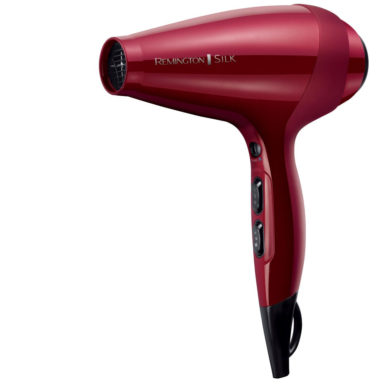 Roter Haartrockner. Auf dem Trockner steht Remington Silk. Schwarze Elemente. Drei Knöpfe.