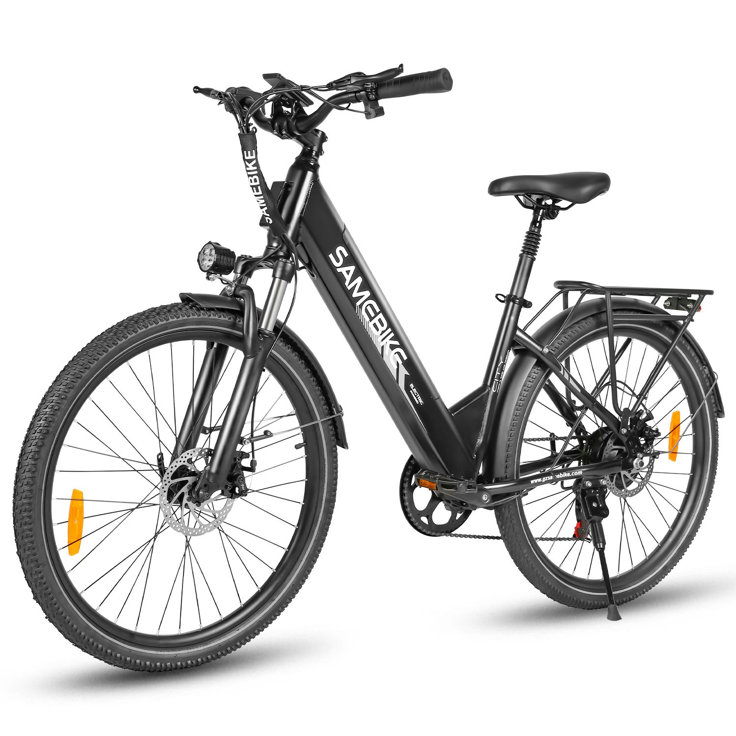 Schwarzes E-Bike SAMEBIKE RS-A01 Pro-T. Gepäckträger, Schutzbleche, Scheinwerfer und Rücklicht.