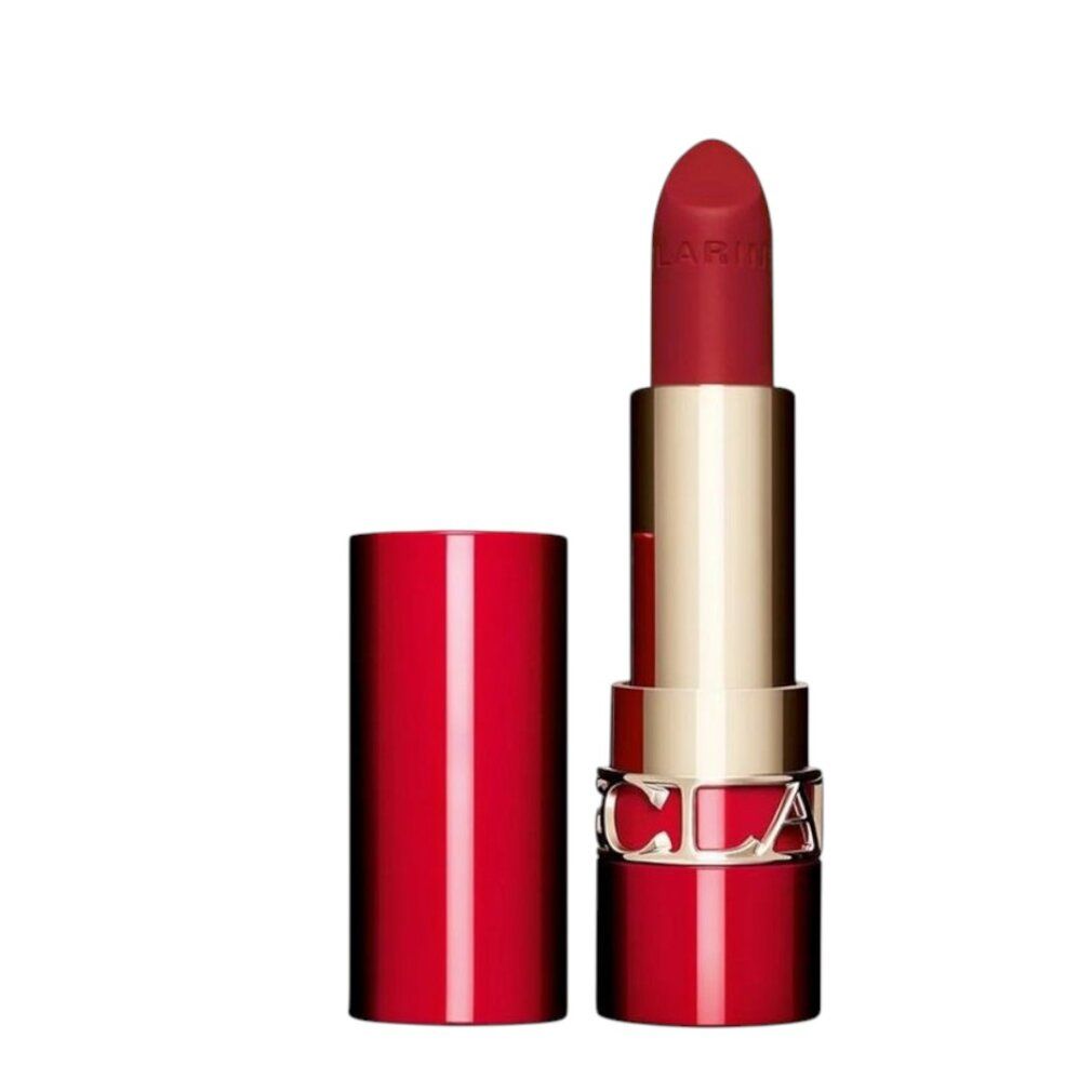 CLARINS Joli Rouge Samtige Lippenfarbe, Rot, aufrecht stehend, Kappe daneben.