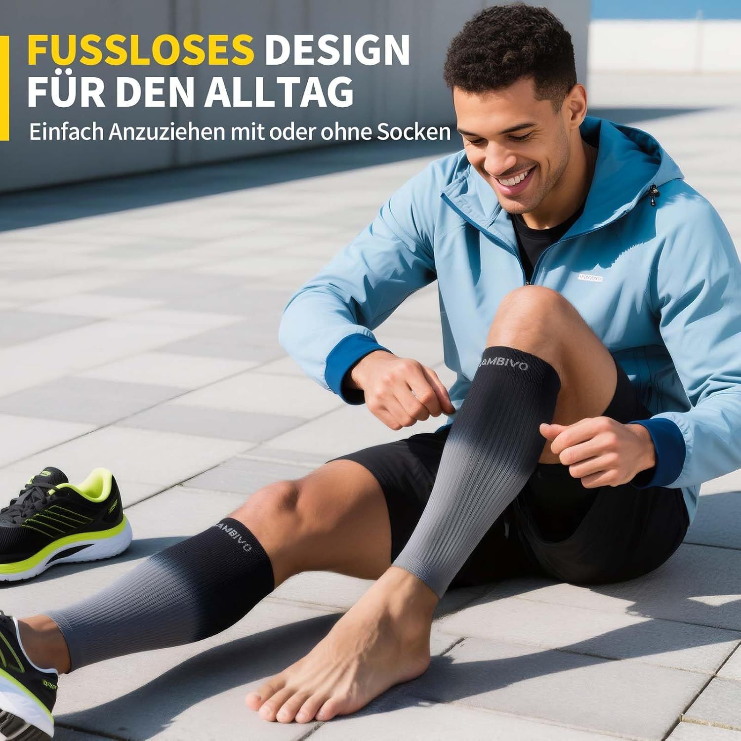 Nahaufnahme von Kompressionsstrümpfen mit Details zu Material und Design.