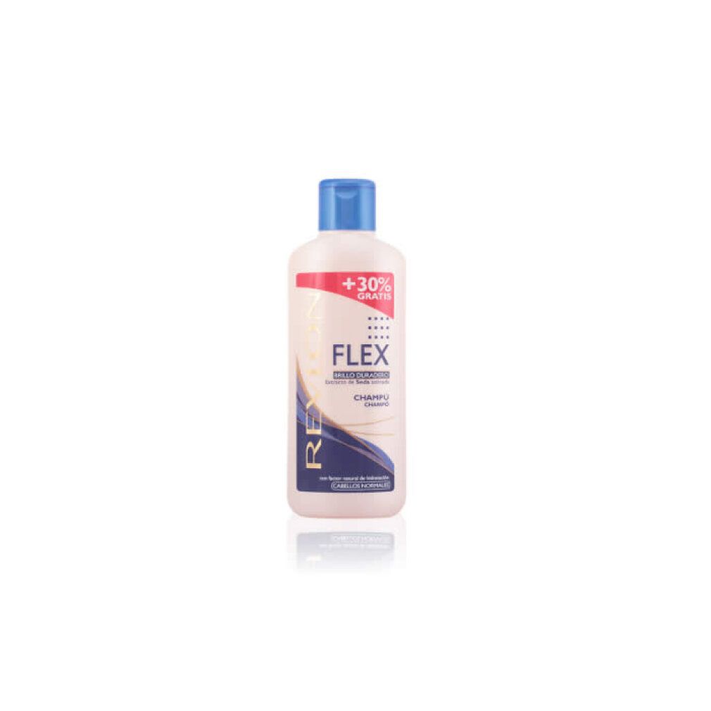 Revlon Flex Normal Hair Shampoo Flasche mit blauem Deckel und Etikett, das +30% gratis anzeigt.