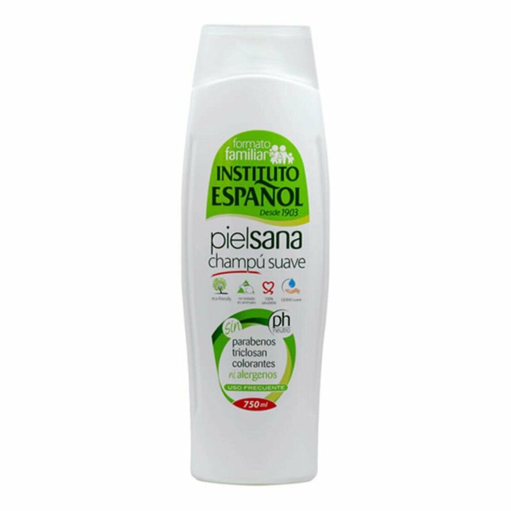 Weiße Flasche Mildes Shampoo mit grüner und weißer Beschriftung. Enthält Symbole für pH-Wert und hypoallergene Eigenschaften.