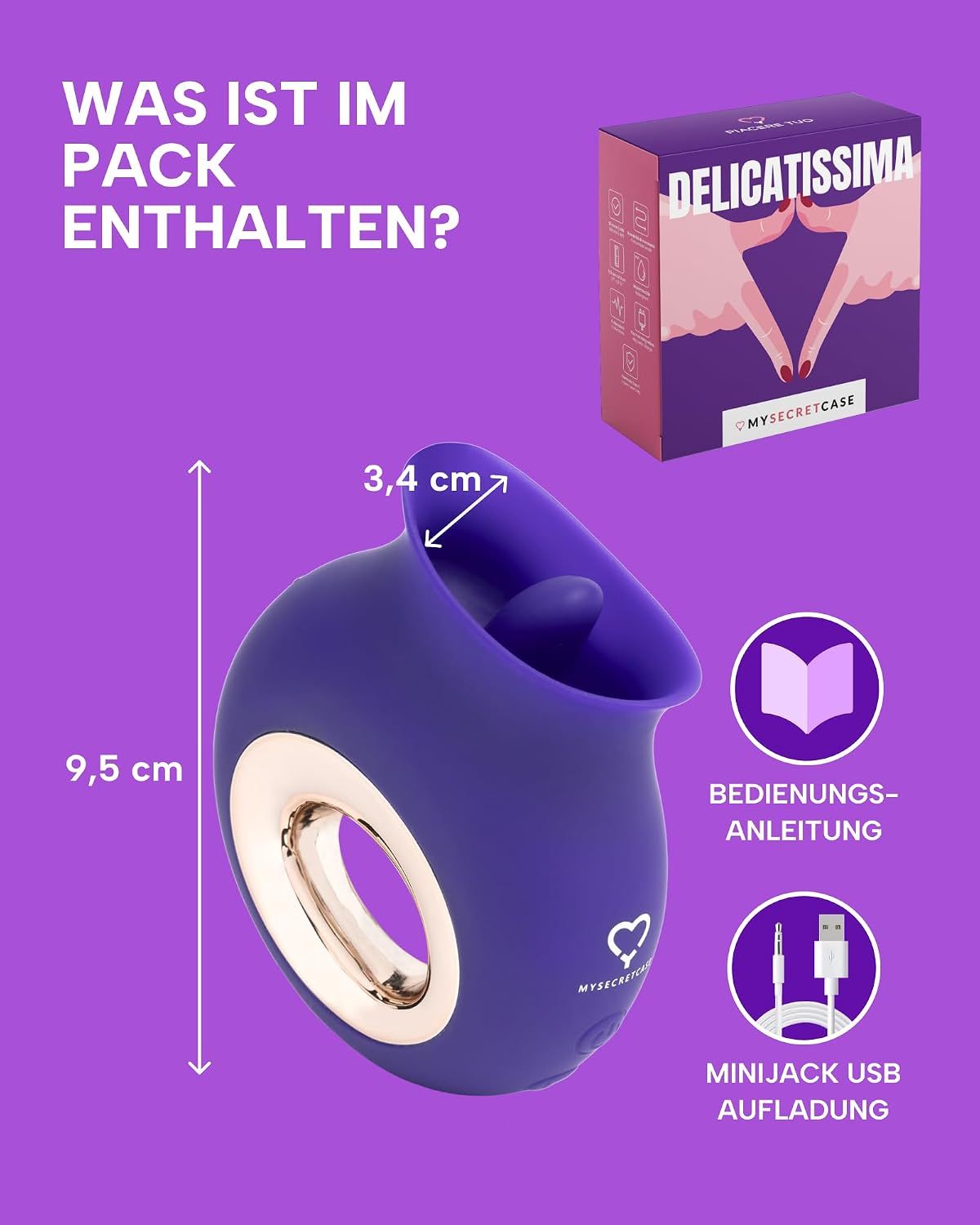 Lila Vibrator, 9,5 cm lang, 3,4 cm breit, mit Ladeanschluss und Bedienungsanleitung.