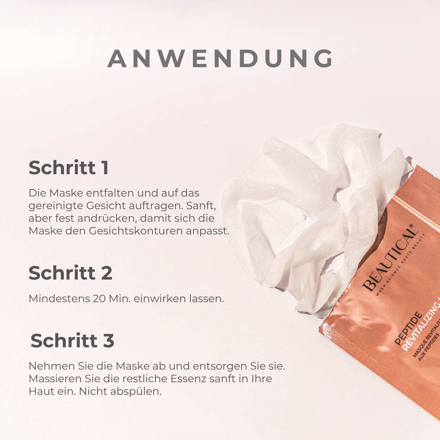 Beautical Peptid Revitalisierende Maske. Text. Rosa Hintergrund.