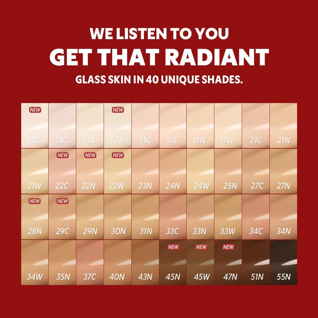 Farbpalette mit 40 Farbtönen. Text: „Get that radiant glass skin in 40 unique shades.“