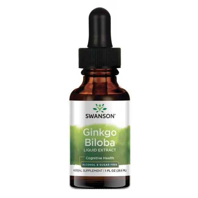 Braune Glasflasche mit schwarzem Tropfer. Etikett mit "SWANSON Ginkgo Biloba Liquid Extract".