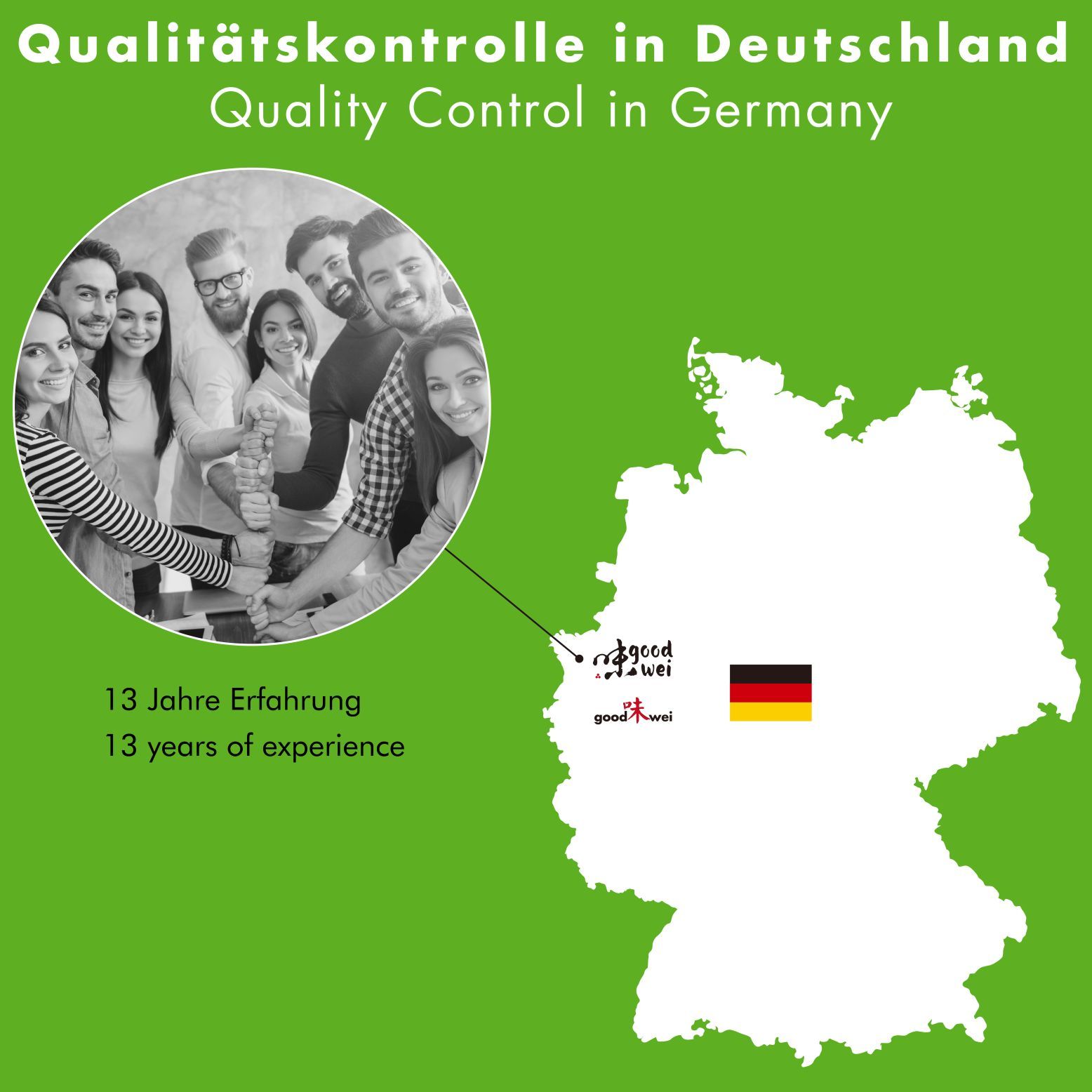 Menschengruppe mit Deutschlandkarte. Text: "Qualitätskontrolle in Deutschland". Logo und Flagge.