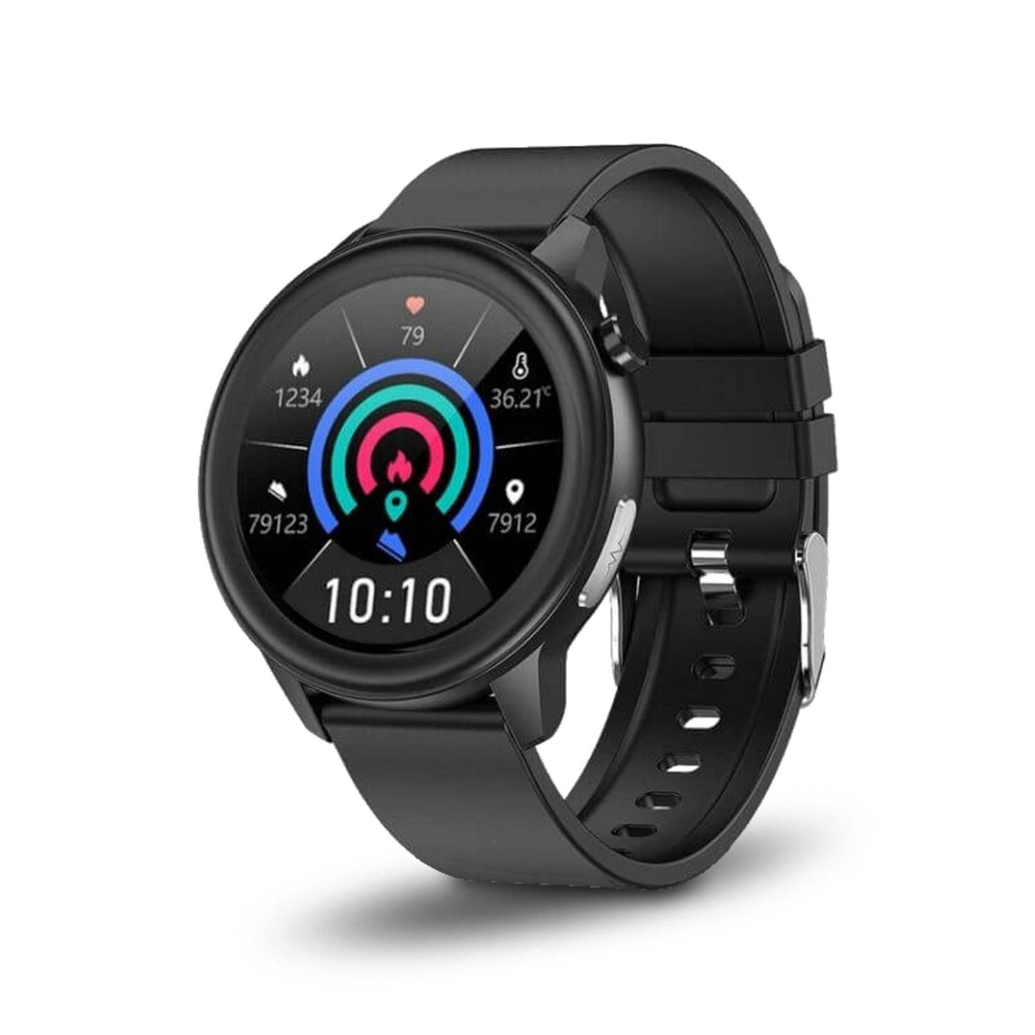 Schwarze Smartwatch mit rundem Display. Zeigt Gesundheitsdaten und Uhrzeit an. Armband aus Gummi.