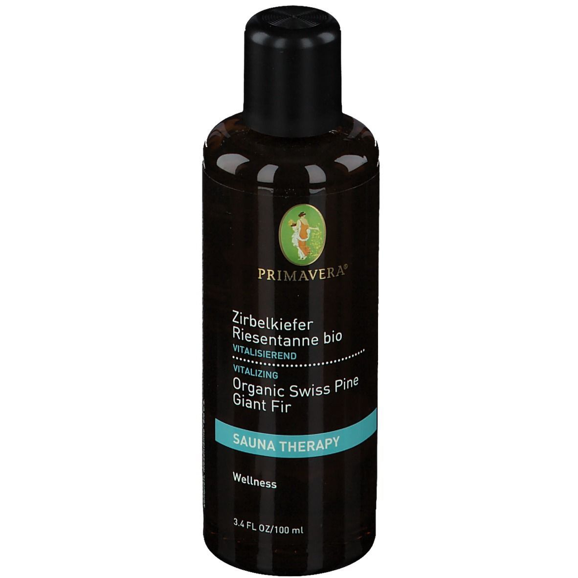 Braune Glasflasche mit schwarzem Deckel. Beschriftung: PRIMAVERA, Zirbelkiefer Riesentanne bio, Organic Swiss Pine Giant Fir, Sauna Therapy.