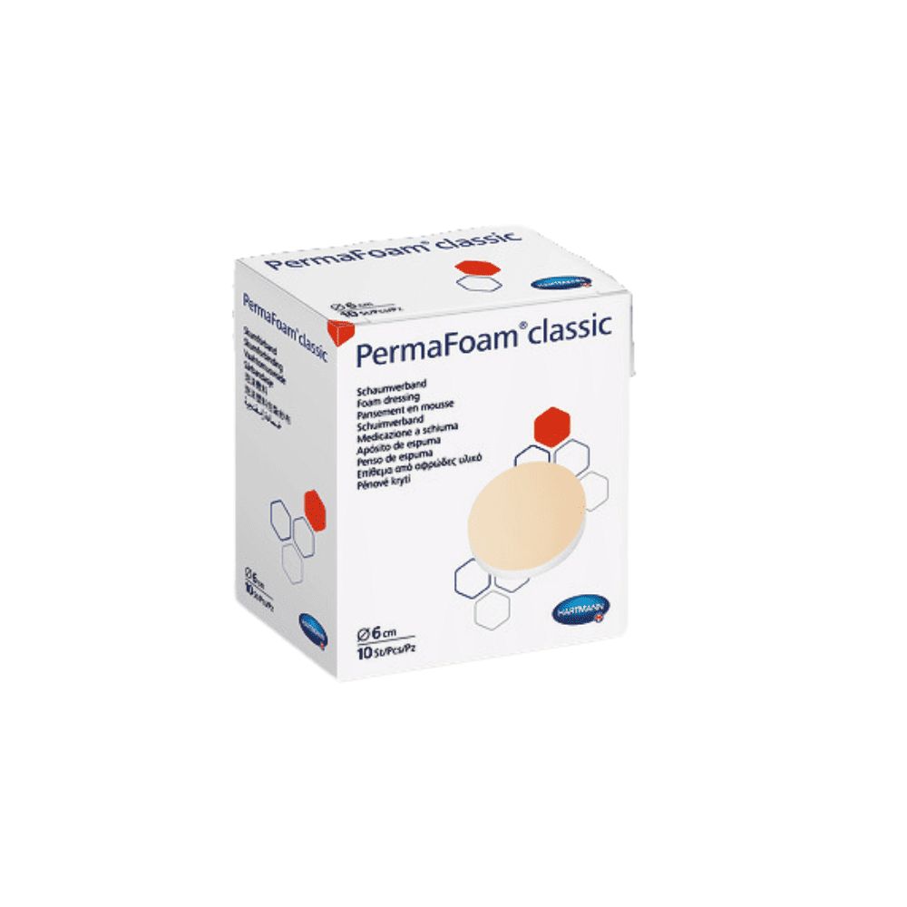 Verpackung Hartmann PermaFoam Classic Schaumverband, rund, 6cm, 10 Stück.
