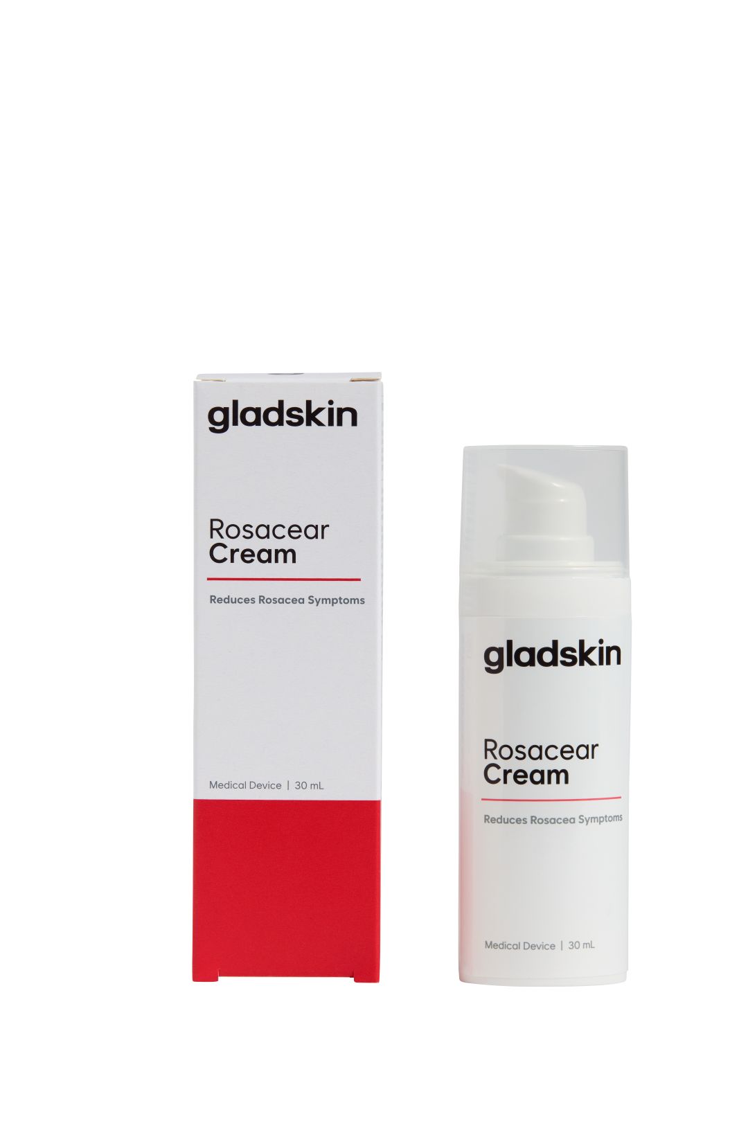 Produktverpackung mit Creme-Flasche. Karton und Flasche mit 'gladskin' und 'Rosacear Cream'. Roter Streifen. 'Medical Device'.