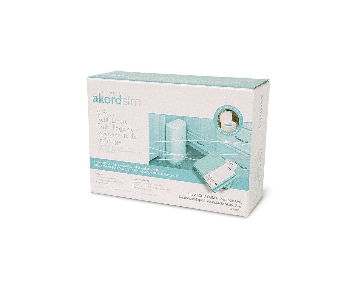 Karton mit Aufschrift akord slim. Abbildung eines Behälters. Text: 2 Refill Liners. Verpackung für Nachfüllbeutel.