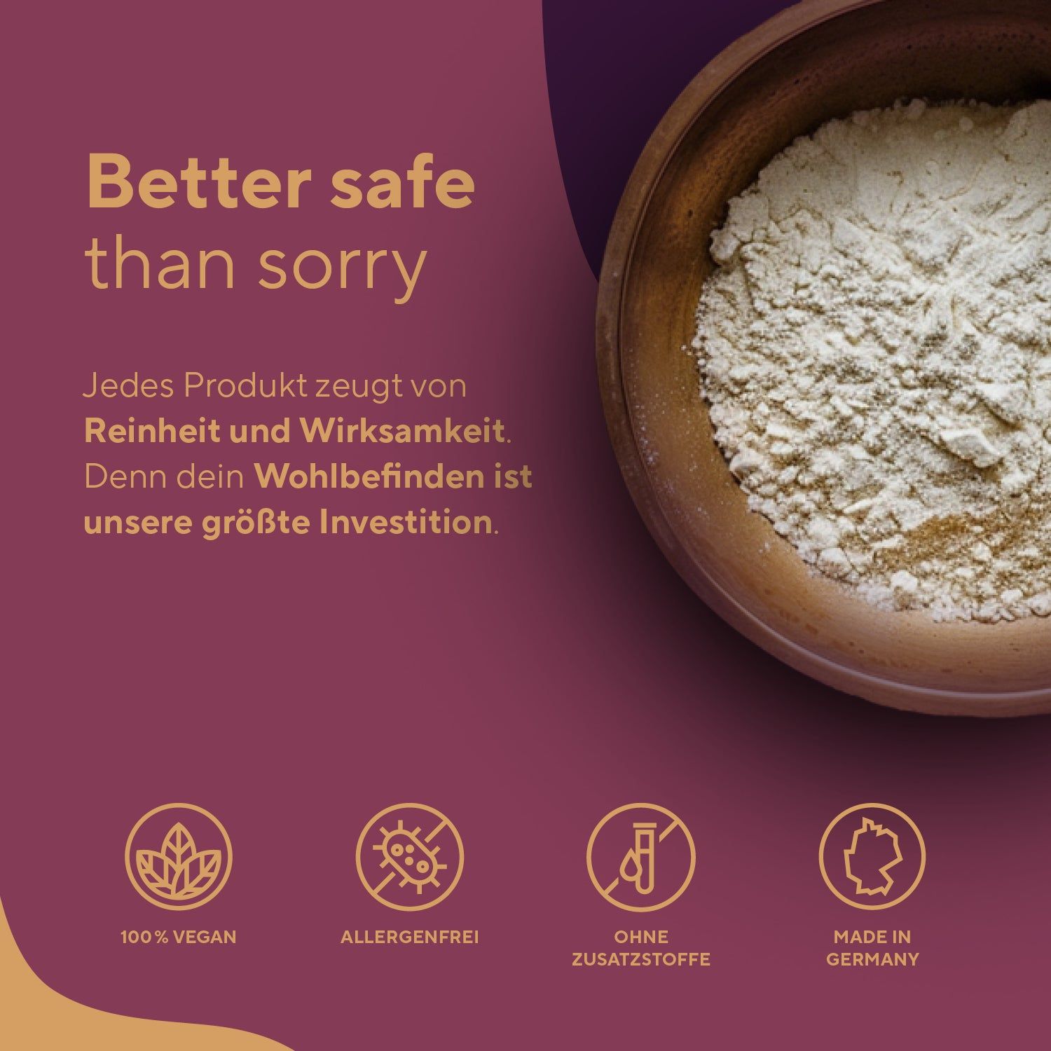 Schüssel mit Pulver. 100% vegan, allergenfrei, ohne Zusatzstoffe, Made in Germany.