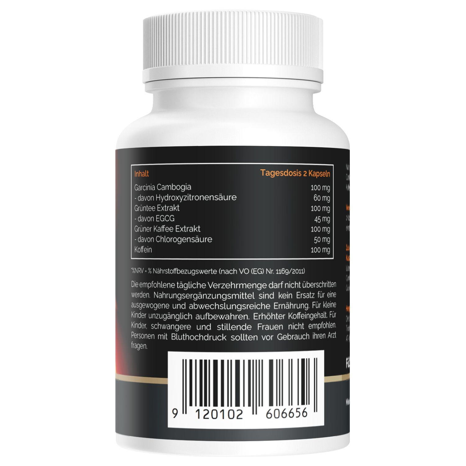 Rückseite einer weißen Flasche. Schwarzes Etikett mit Inhaltsstoffen und Nährwertangaben. Barcode unten.