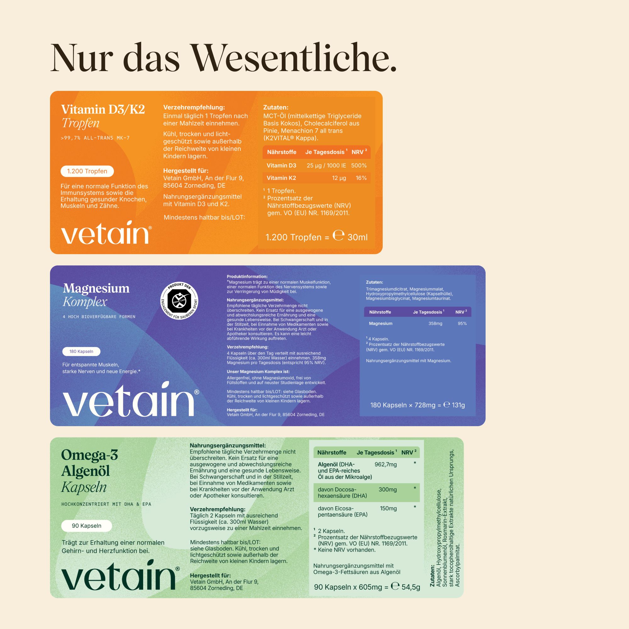VETAIN Omega-3 Algenöl Kapseln in Braunglasflasche mit silbernem Deckel.