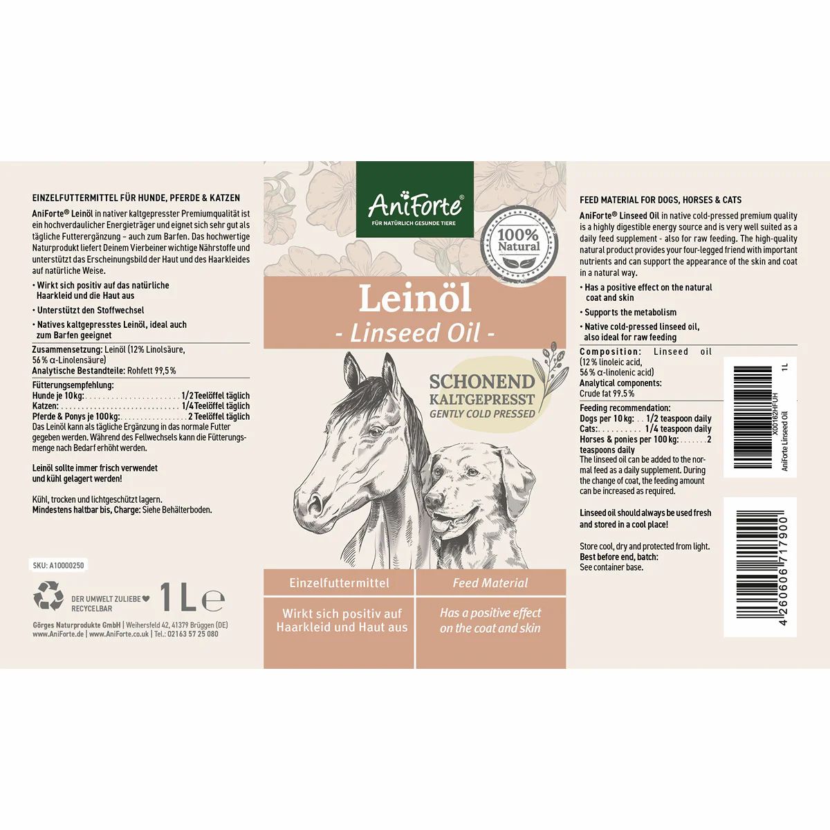Etikett mit Text und Illustrationen. Aufschrift: AniForte, Leinöl - Linseed Oil. Illustrationen von Pferd und Hund. 1L.