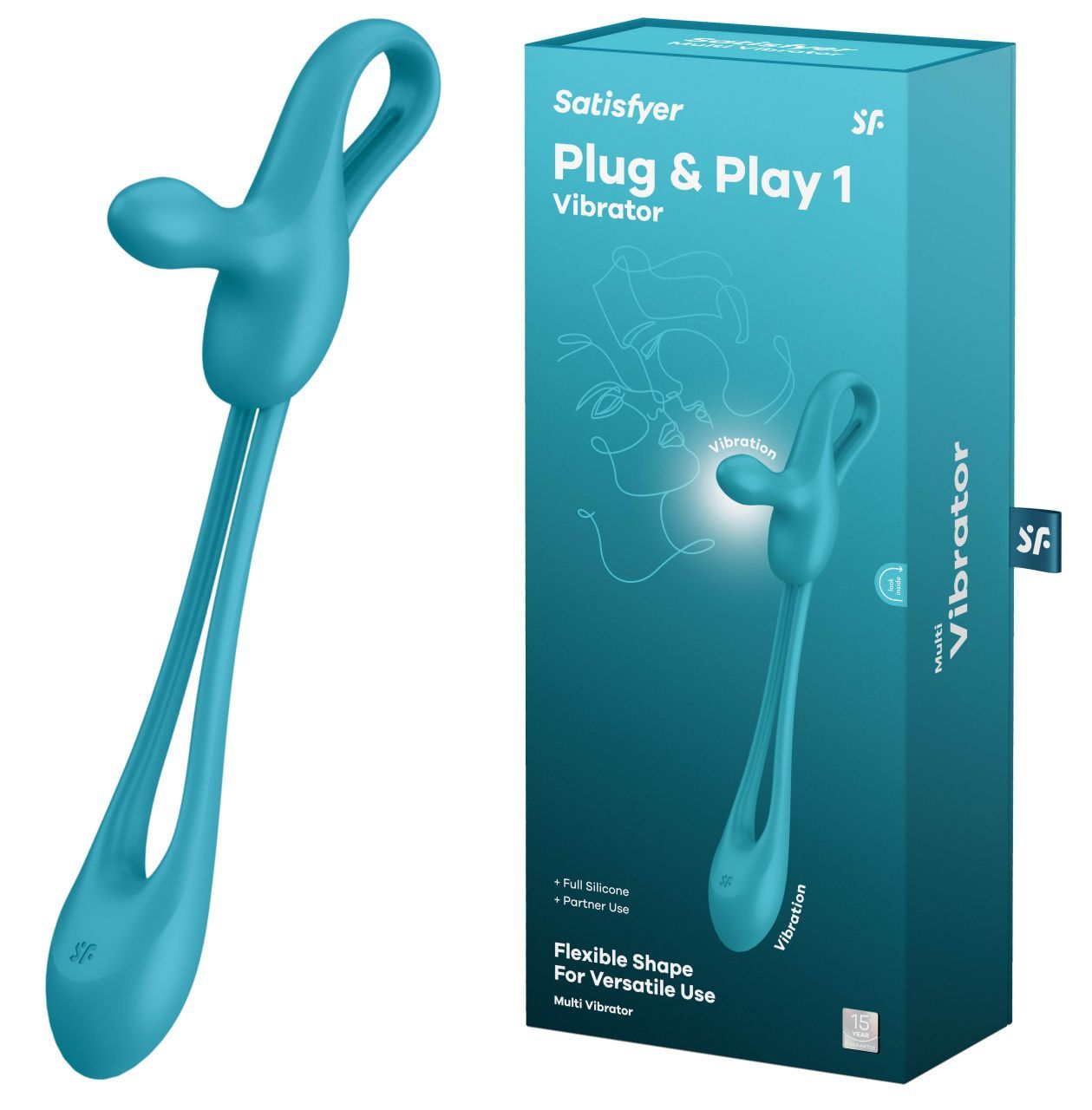 Türkiser Analvibrator aus Silikon mit flexiblem Schaft und einer Verdickung am oberen Ende. Daneben die Verpackung.