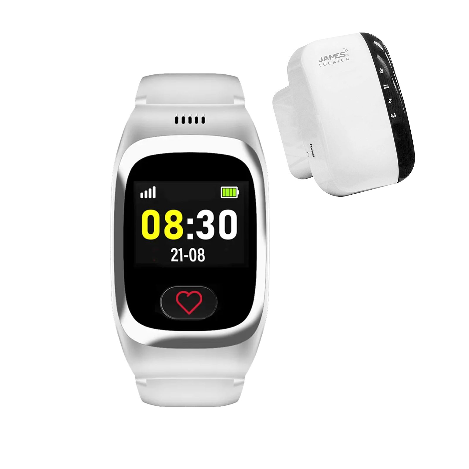Weiße Smartwatch mit digitaler Zeitanzeige und separatem Locator-Modul.