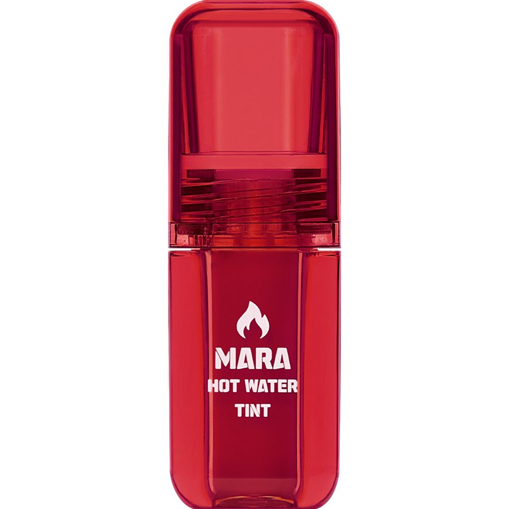Roter Lip Tint-Behälter mit Deckel. Aufschrift: MARA HOT WATER TINT. Flammen-Logo.