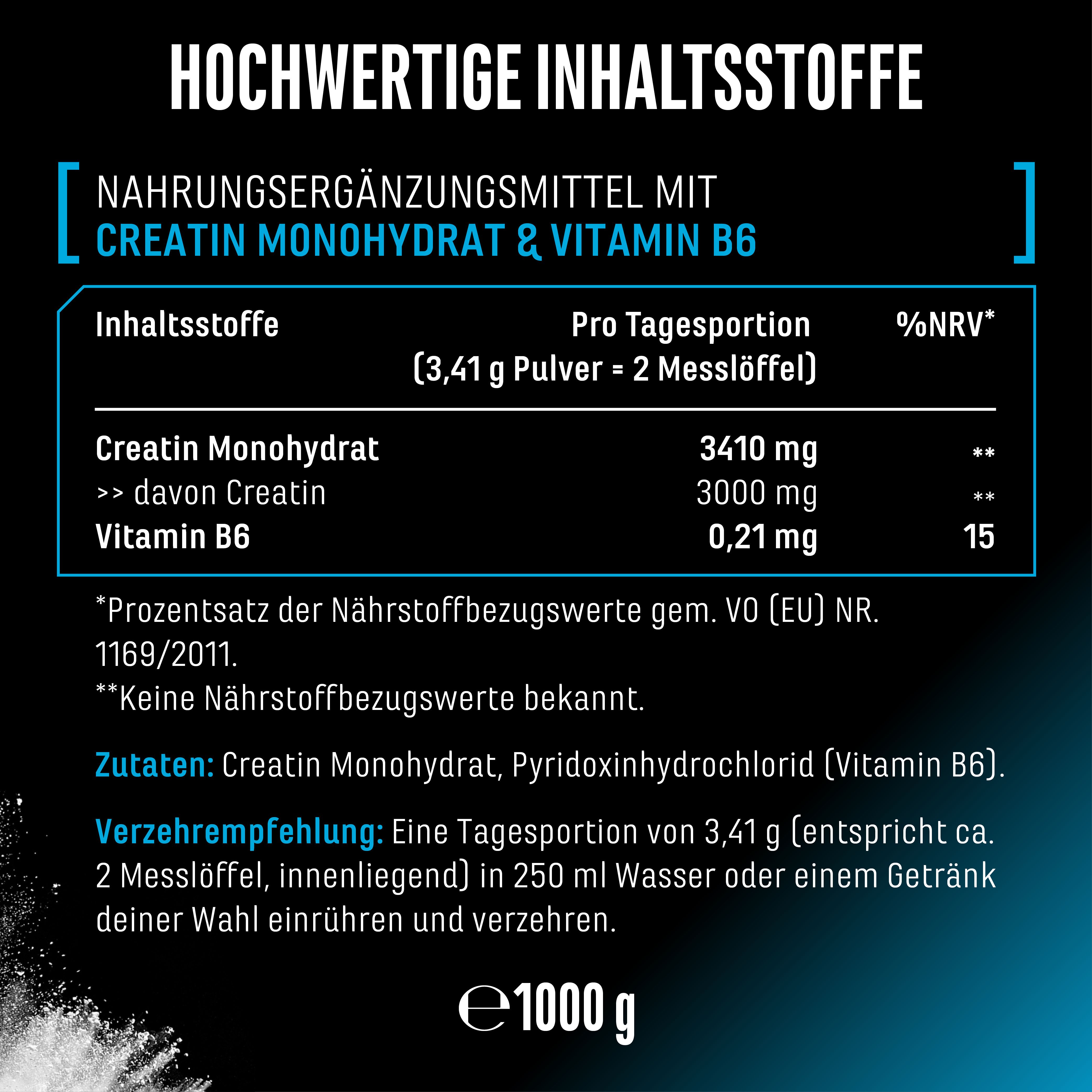 Nahrungsergänzungsmittel mit Creatin Monohydrat & Vitamin B6. Inhaltsstoffe, Tagesportion (3,41g), %NRV. Empfehlung: 2 Messlöffel in 250ml Wasser.