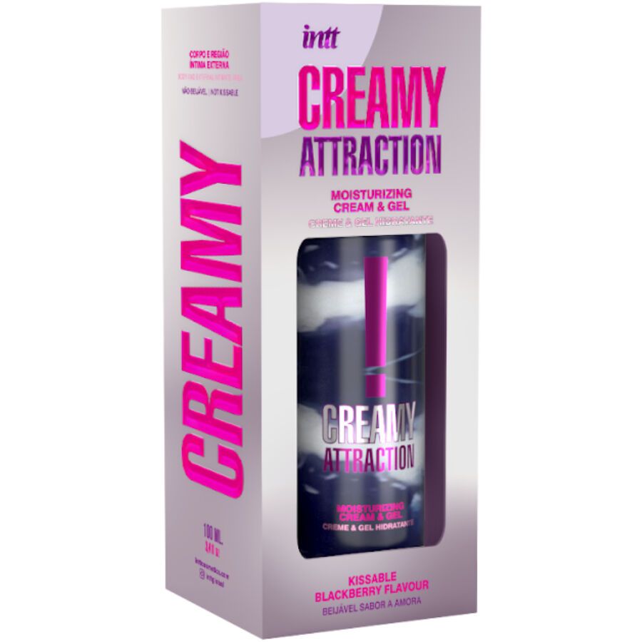 Verpackung mit Produkt. Aufschrift "INTT Creamy Attraction". Flasche mit Creme und Gel, Brombeergeschmack. Sichtbare Produktbezeichnung und Logo.