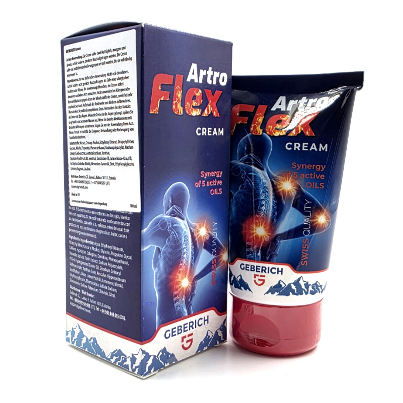 Produkt und Schachtel. Tube und Schachtel mit Produktnamen. Abbildung eines Rückens. Text: Swiss Quality. Marke Geberich.