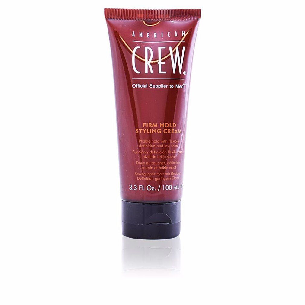 Rote Tube mit schwarzem Deckel. Aufschrift: American Crew, Firm Hold Styling Cream. 3.3 Fl. Oz. / 100 ml.