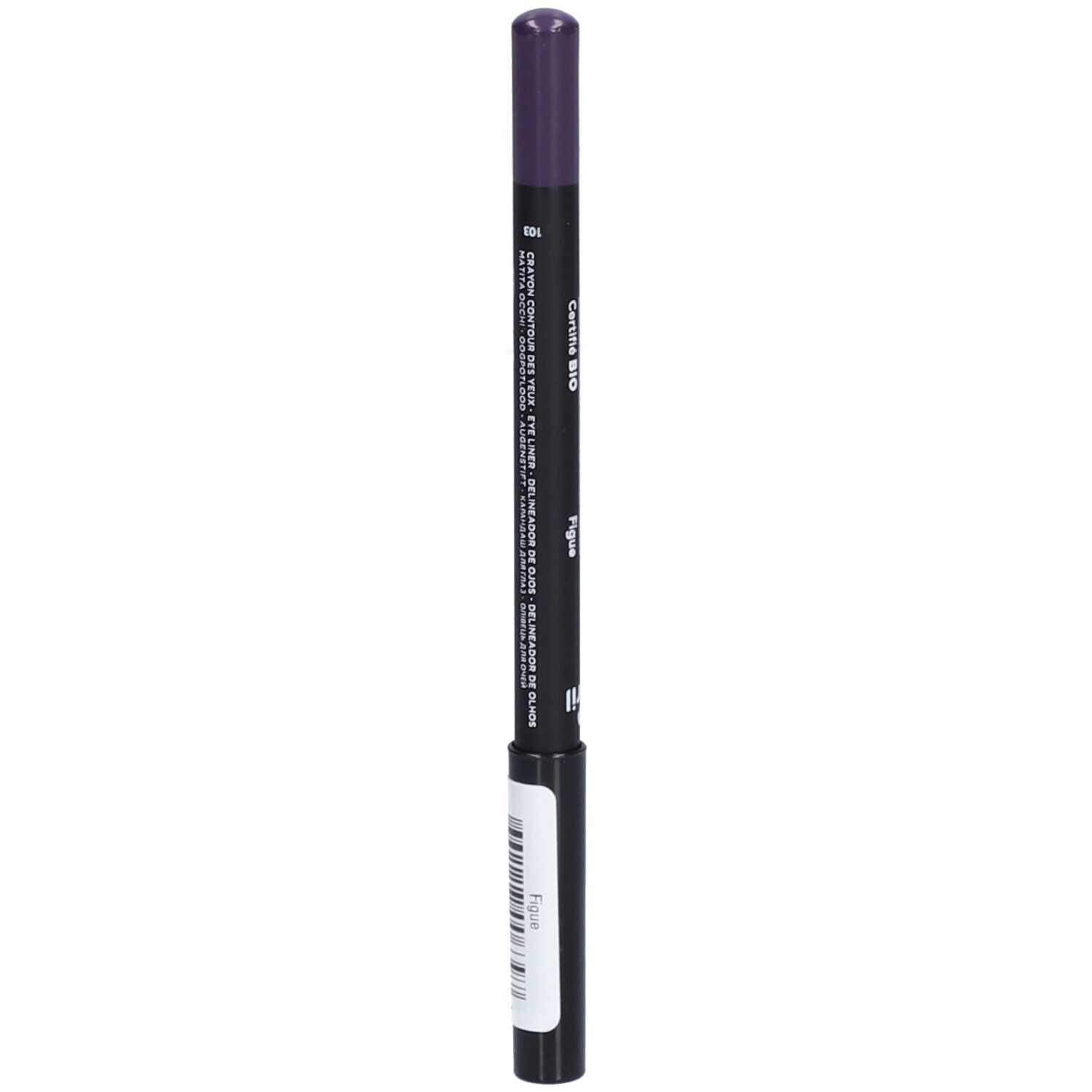 Lila Eyeliner-Stift mit schwarzem Gehäuse und silbernem Etikett.