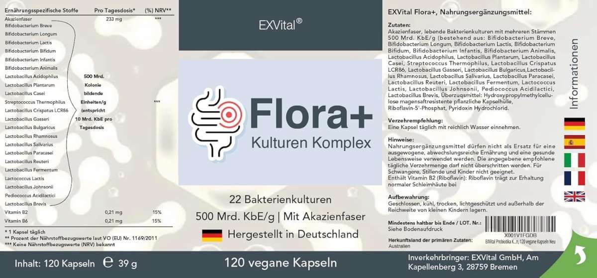 Produktetikett. Produktname: Flora+ Kulturen Komplex. 22 Bakterienkulturen, 120 vegane Kapseln. Hergestellt in Deutschland. Nährwertangaben.