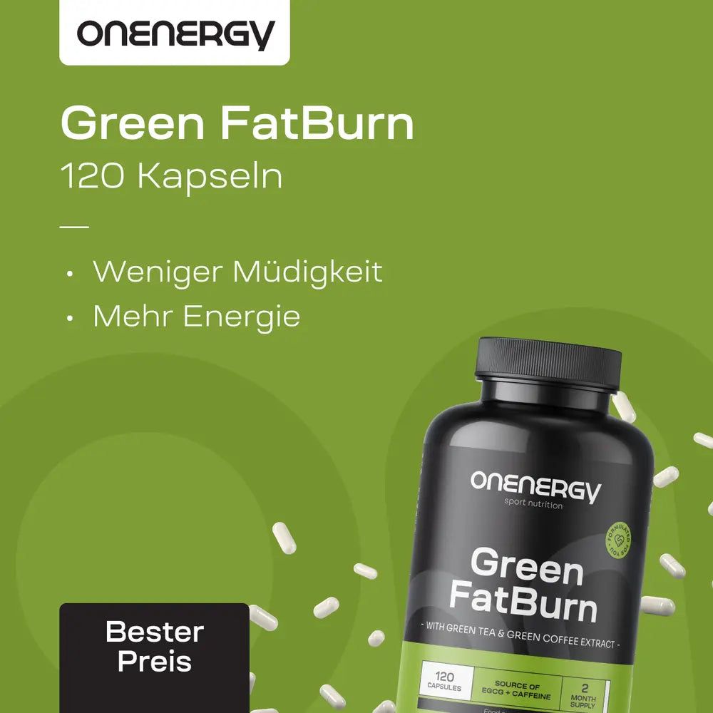 Frau beim Joggen neben einem Behälter OnEnergy Green FatBurn Kapseln.