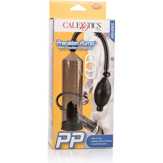 Verpackung mit Pumpe. Marke Calexotics. Text: Precision Pump with Erection Enhancer. Starter.