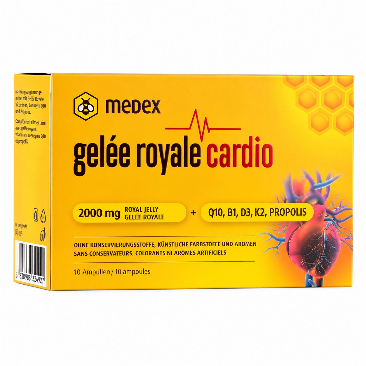 Medex Gelée Royale Cardio Packung: 10 Ampullen, mit CoQ10, B1, D3, K2, Propolis.