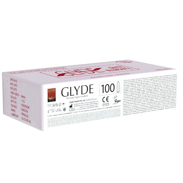 Weiße Verpackung mit roter Aufschrift. Aufschrift: GLYDE 100. CE-Kennzeichnung und Vegan-Siegel. Text in mehreren Sprachen.
