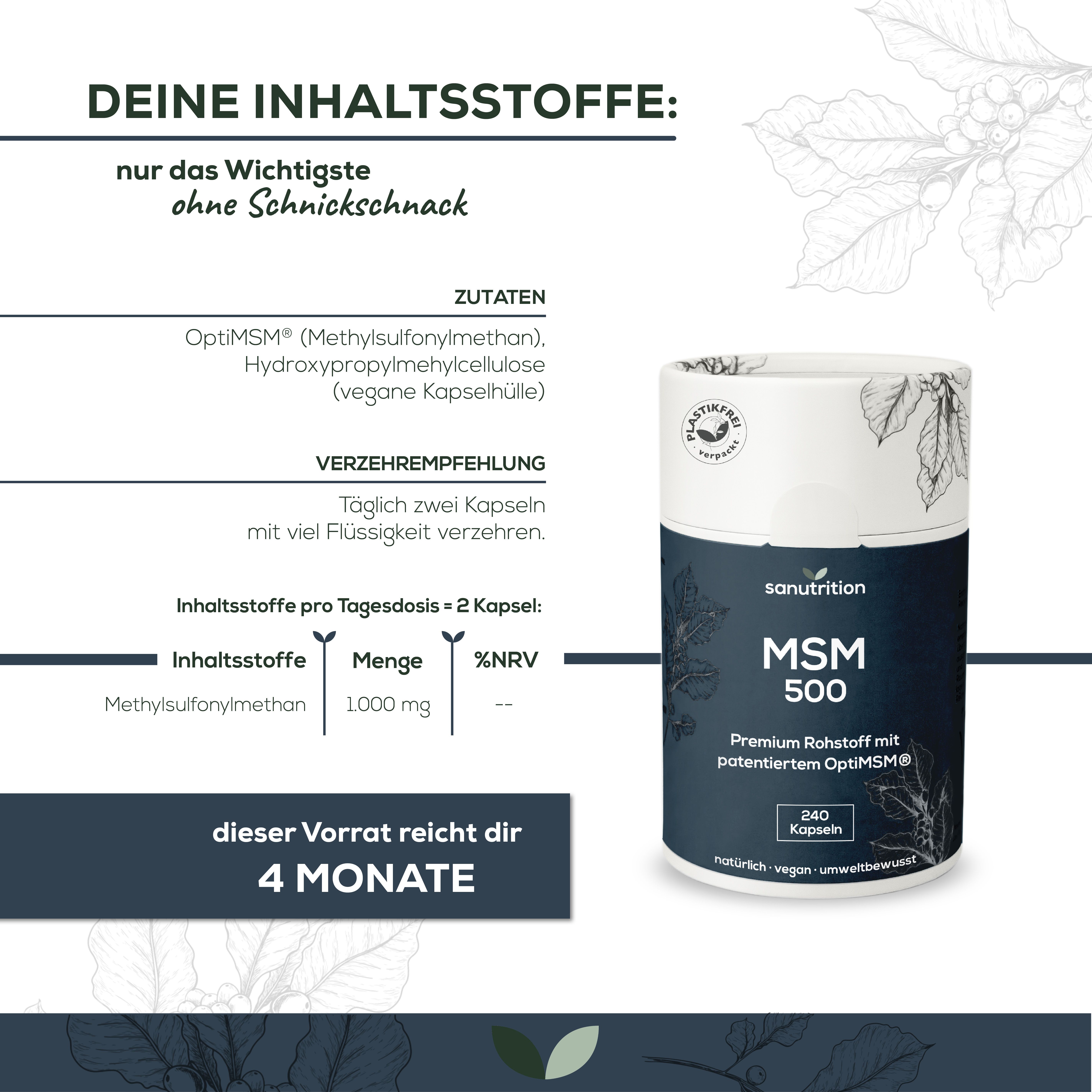 Infografik: Sanutrition MSM 500 Dose. Inhaltsstoffe: OptiMSM, Hydroxypropylmethylcellulose. 240 Kapseln. Vorrat für 4 Monate.