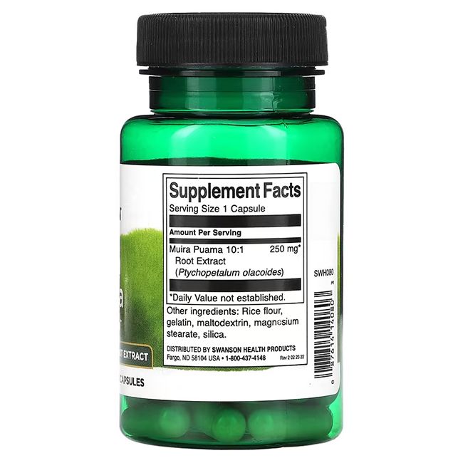Rückseite einer grünen Flasche mit Kapseln. Aufschrift: Supplement Facts, Muira Puama 10:1, 250 mg, Root Extract, Zutaten, Swanson Health Products.