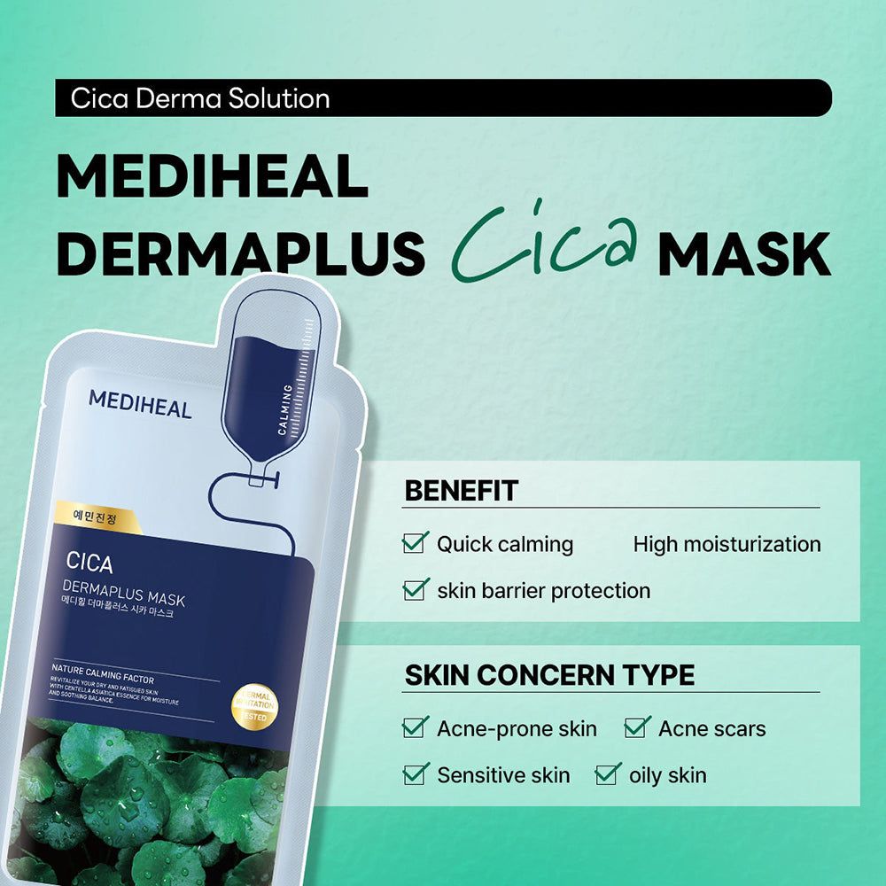 Produktverpackung mit Text: MEDIHEAL DERMAPLUS Cica MASK. Vorteile: schnelle Beruhigung, Hautschutz. Hautprobleme: Akne, empfindliche Haut.