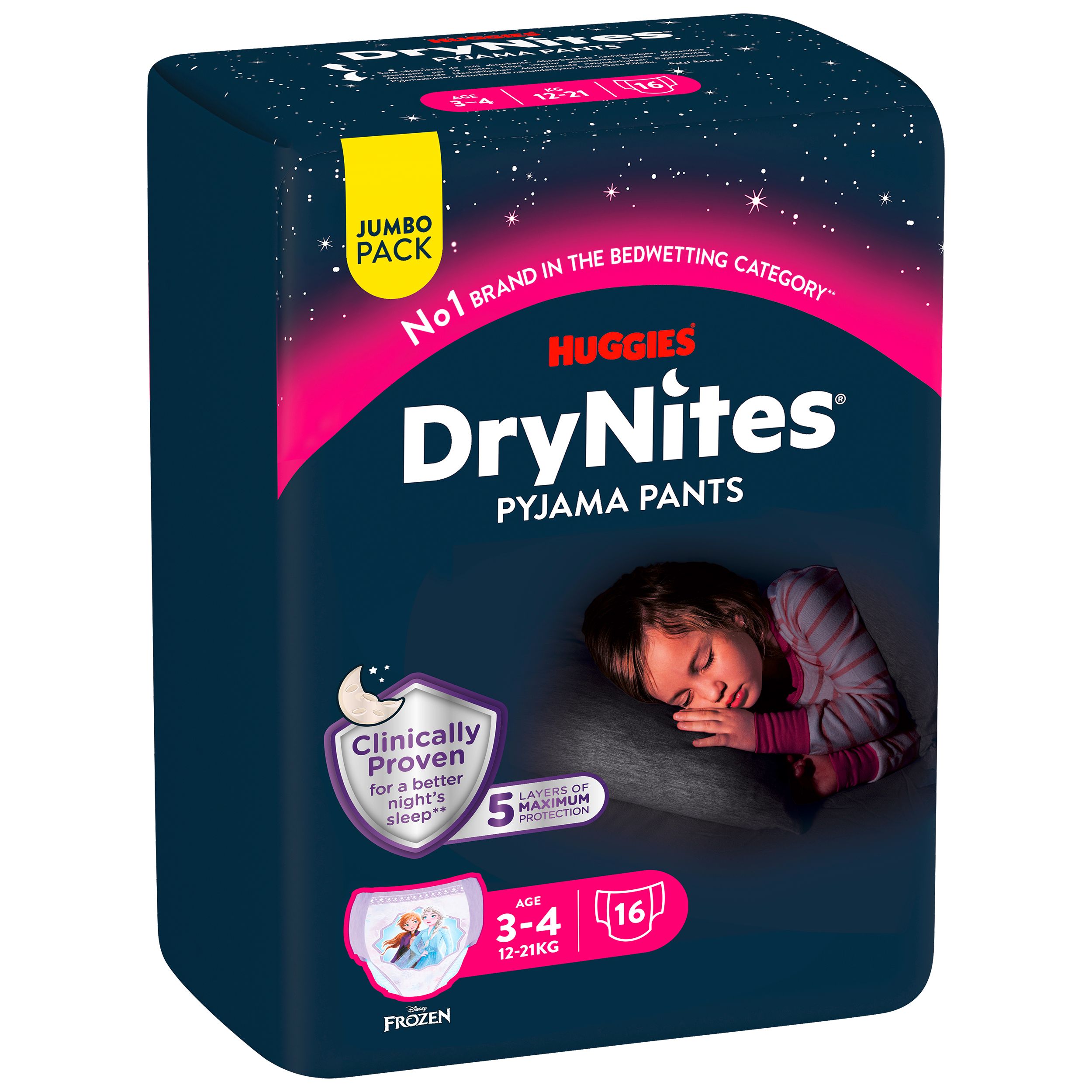 Huggies DryNites Pyjama Pants, Mädchen, 3-4 J. Packung. Enthält 16 Stück. Alter 3-4 Jahre, 12-21 kg. Aufdruck mit Eisköniginnen-Motiv.