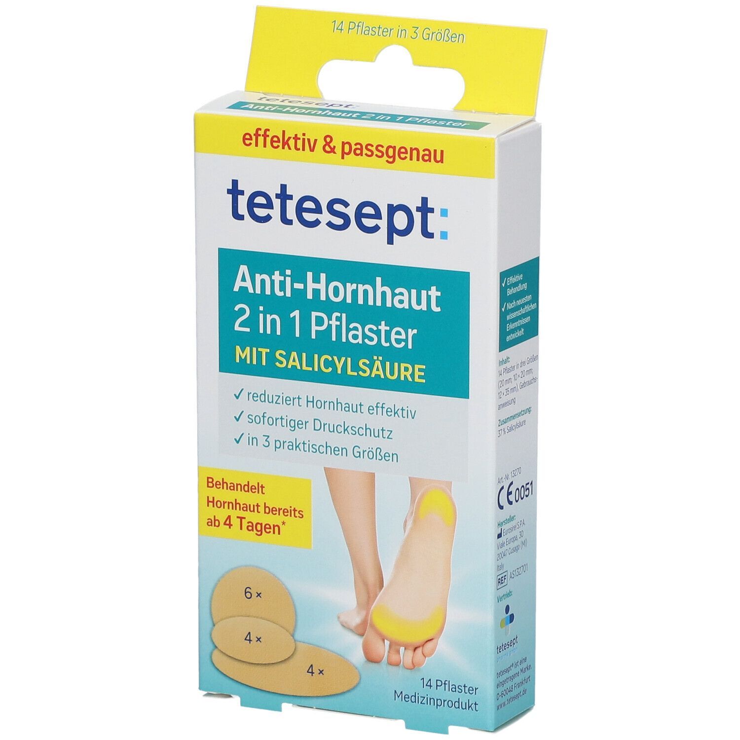 tetesept® Anti-Hornhaut 2 in 1 Pflaster Packung. Zeigt Pflaster und Fuß. Enthält 14 Pflaster in 3 Größen. CE-Kennzeichnung.