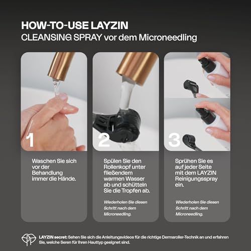Anleitung zur Verwendung von LAYZIN Reinigungs-Spray vor dem Microneedling. 3 Schritte mit Bildern.