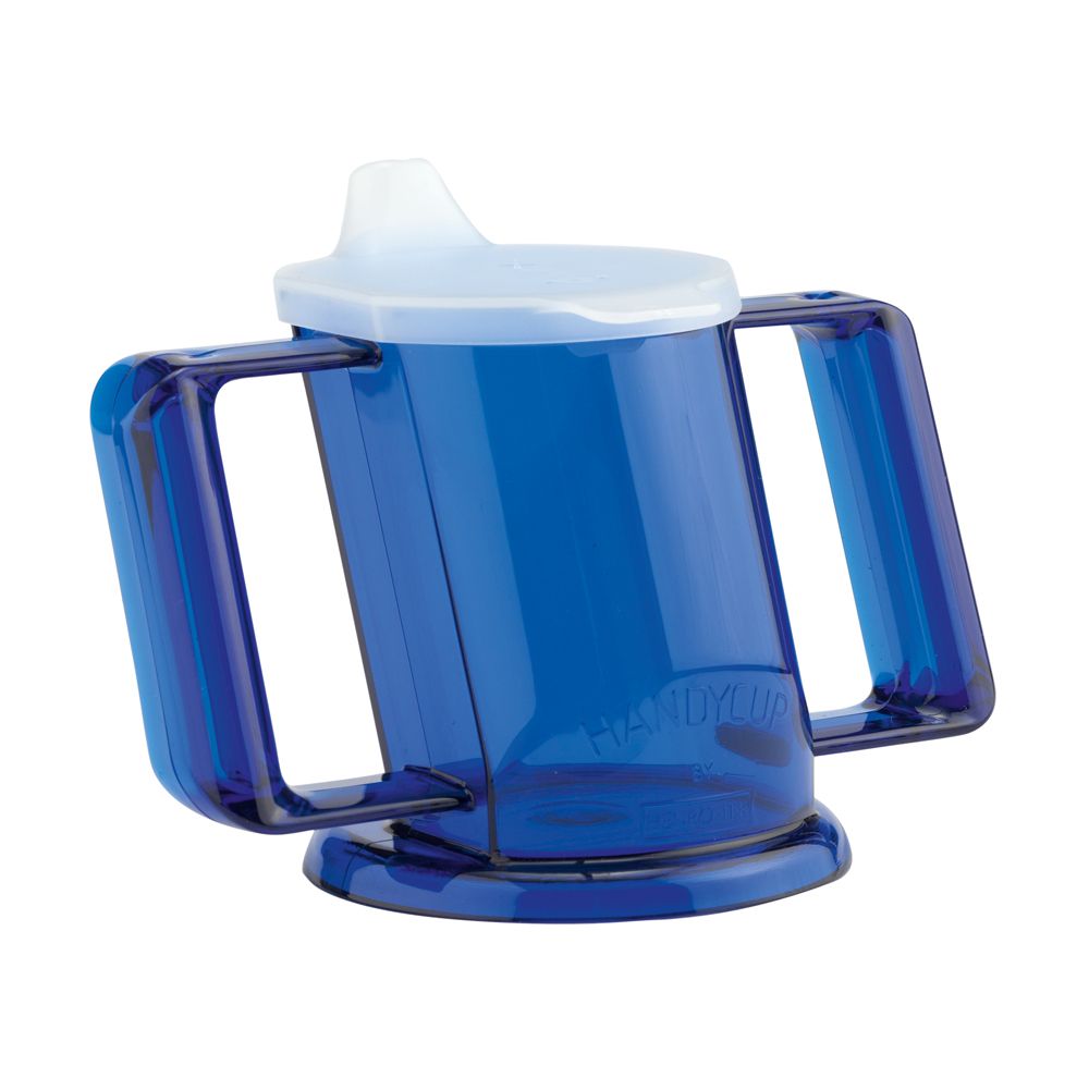 Blauer Trinkbecher mit zwei Griffen und Deckel. Sichtbare Schrift: Handycup.